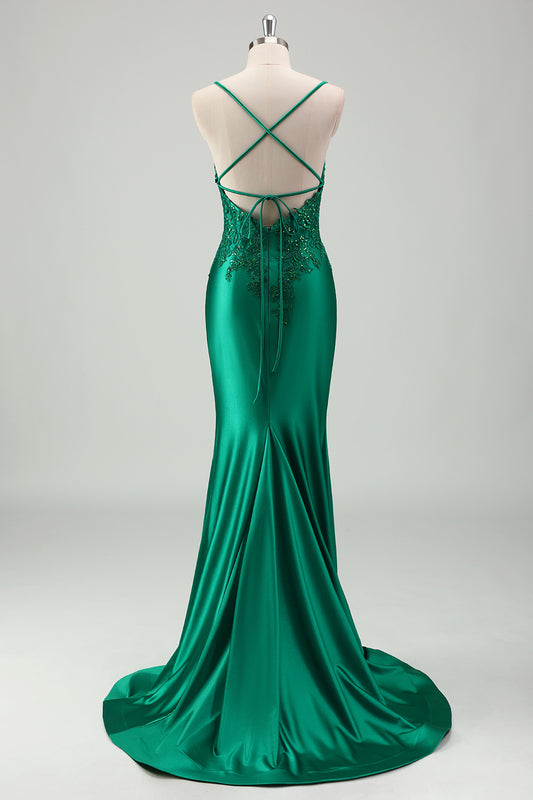 Green Spaghetti Straps Long Prom Dress with Lace