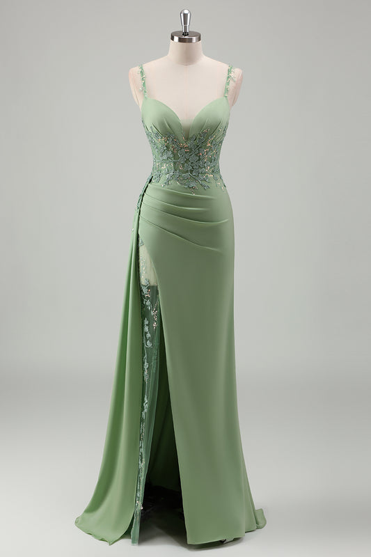 Sparkly Light Green Spaghetti Straps Lace Long Prom Dress with Slit