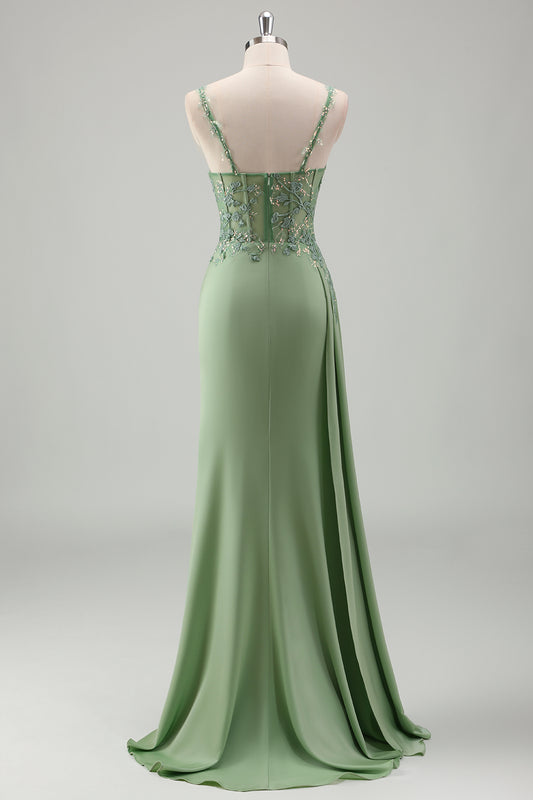 Sparkly Light Green Spaghetti Straps Lace Long Prom Dress with Slit