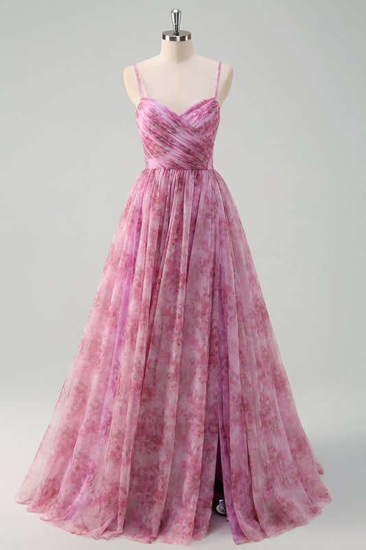 A Line Pinkish Purple Spaghetti Straps Floral Prom Dress with Slit