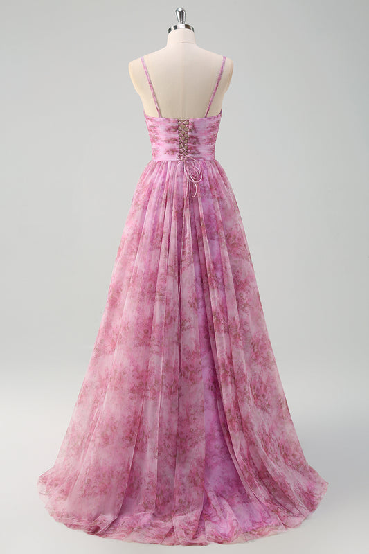 A Line Pinkish Purple Spaghetti Straps Floral Prom Dress with Slit