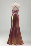 Metallic Gold Mermaid Spaghetti Straps Ruched Long Prom Dress with Slit