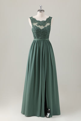 Eucalyptus Halter Lace Long Bridesmaid Dress with Slit