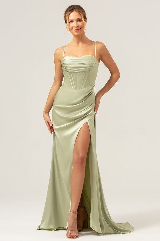 Sage Corset Long Bridesmaid Dress with Slit