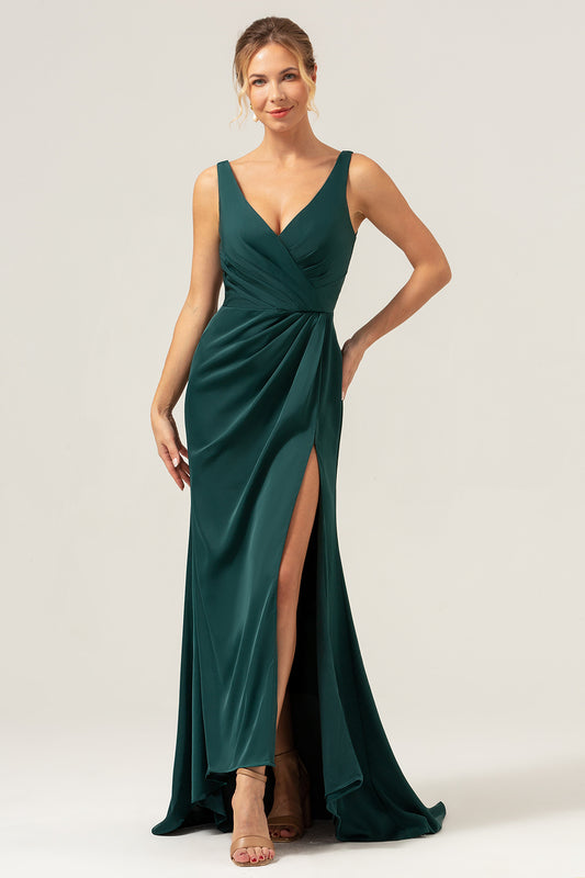 Dark Green V-Neck Long Bridesmaid Dress with Slit