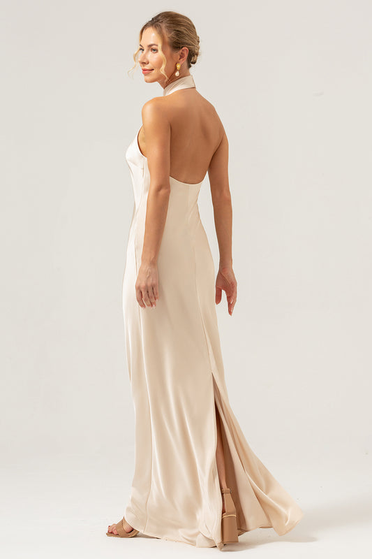 Champagne Halter Long Bridesmaid Dress with Back Slit