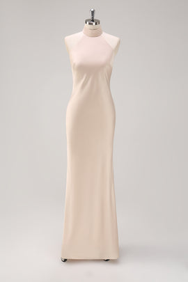 Halter Sheath Champagne Long Bridesmaid Dress with Back Slit