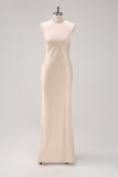 Halter Sheath Champagne Long Bridesmaid Dress with Back Slit