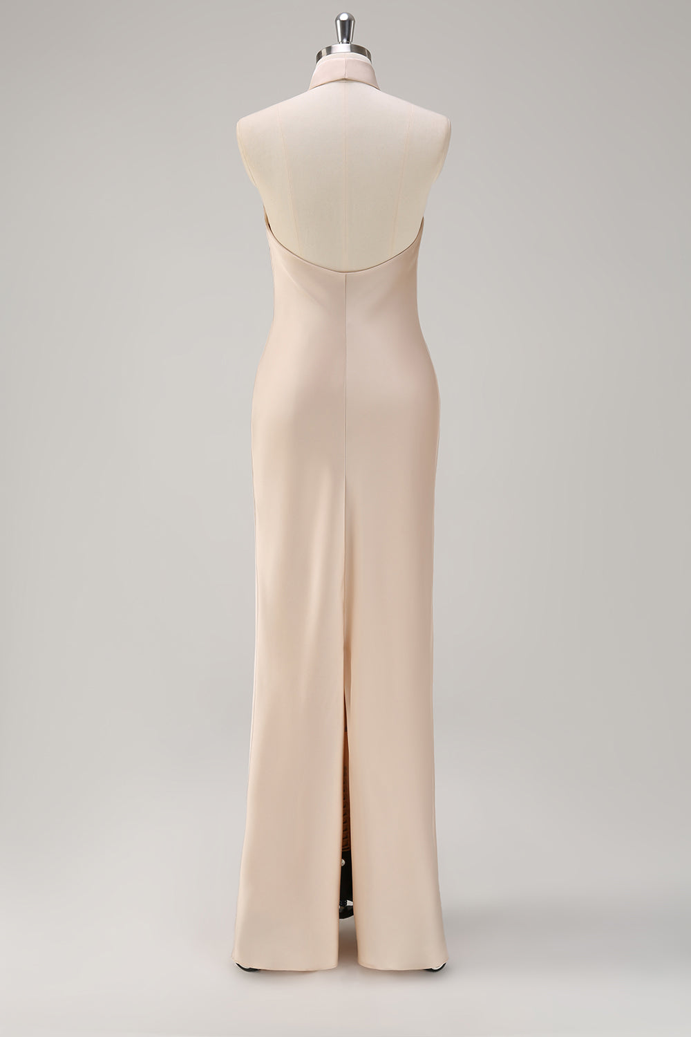 Halter Sheath Champagne Long Bridesmaid Dress with Back Slit