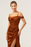 Coffee Corset Cold Shoulder Long Bridesmaid Dress with Slit