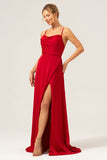 Burgundy Spaghetti Straps Swing Collar Long Bridesmaid Dress with Slit