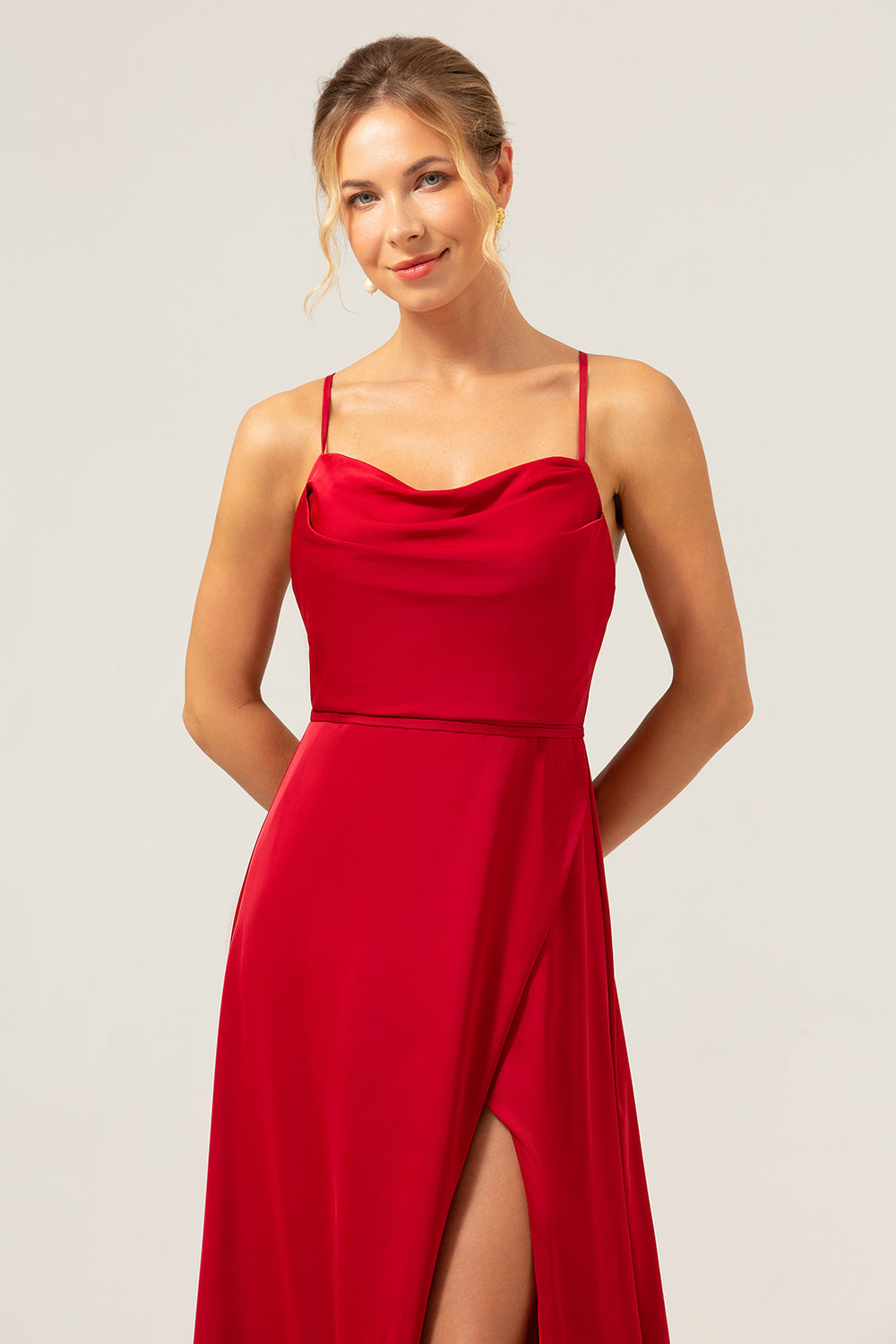 Burgundy Spaghetti Straps Swing Collar Long Bridesmaid Dress with Slit