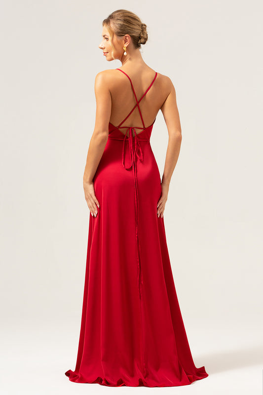 Burgundy Spaghetti Straps Swing Collar Long Bridesmaid Dress with Slit