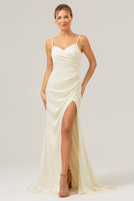 Simple Ivory Spaghetti Straps Long Bridesmaid Dress with Slit