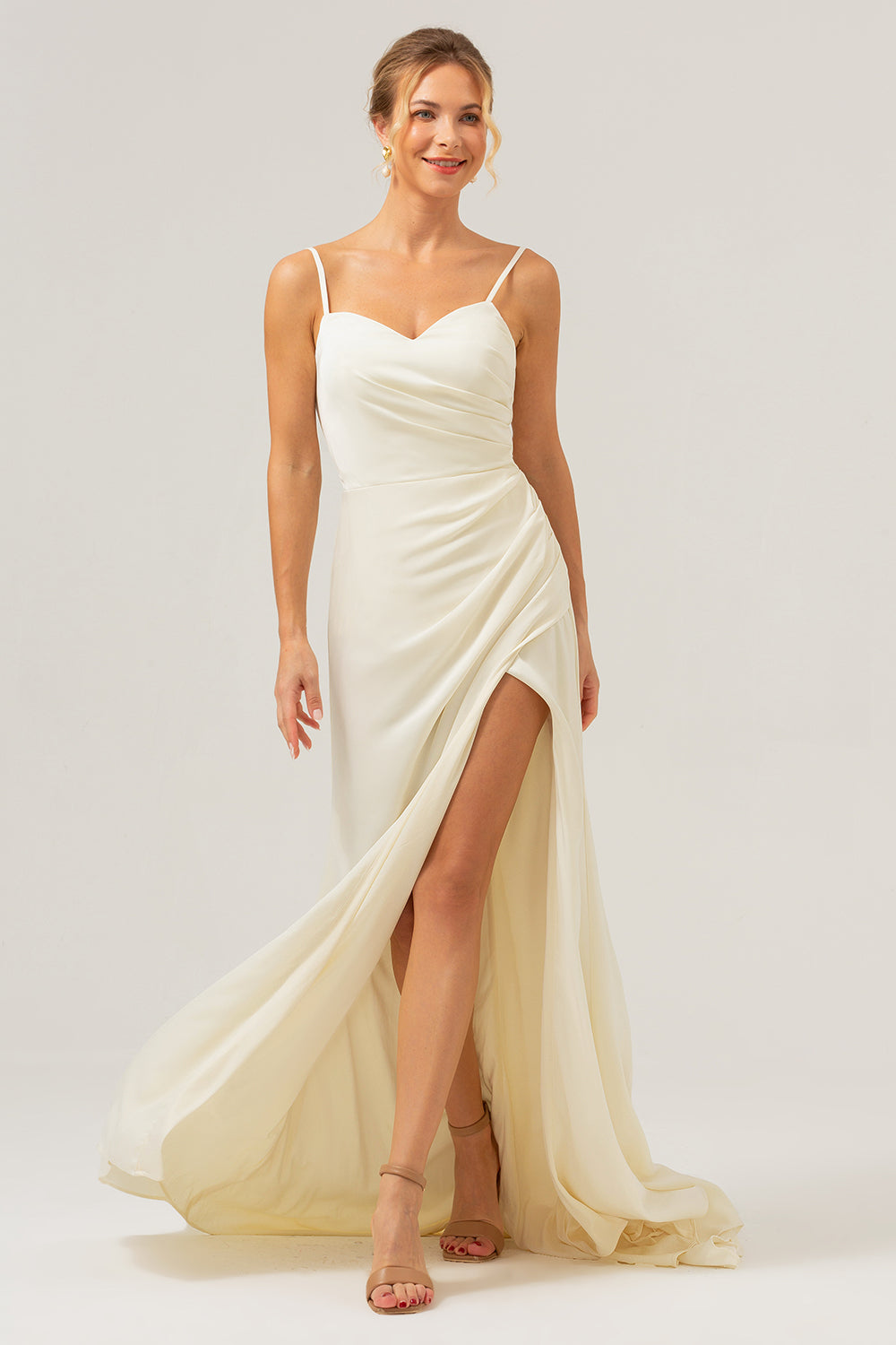 Simple Ivory Spaghetti Straps Long Bridesmaid Dress with Slit