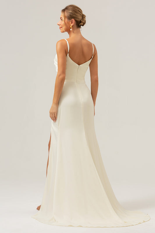 Simple Ivory Spaghetti Straps Long Bridesmaid Dress with Slit