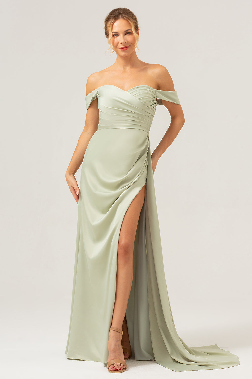 Sage Off The Shoulder Long Bridesmaid Dress with Slit