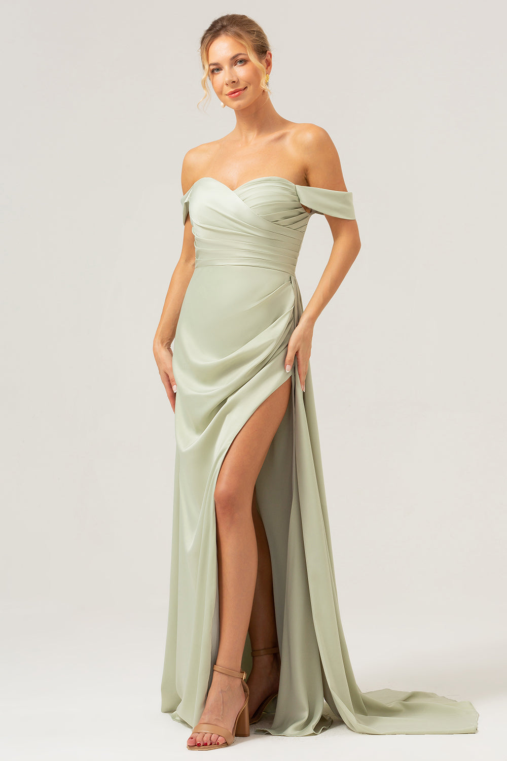 Sage Off The Shoulder Long Bridesmaid Dress with Slit