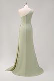 One Shoulder Sage Long Prom Dress with Slit