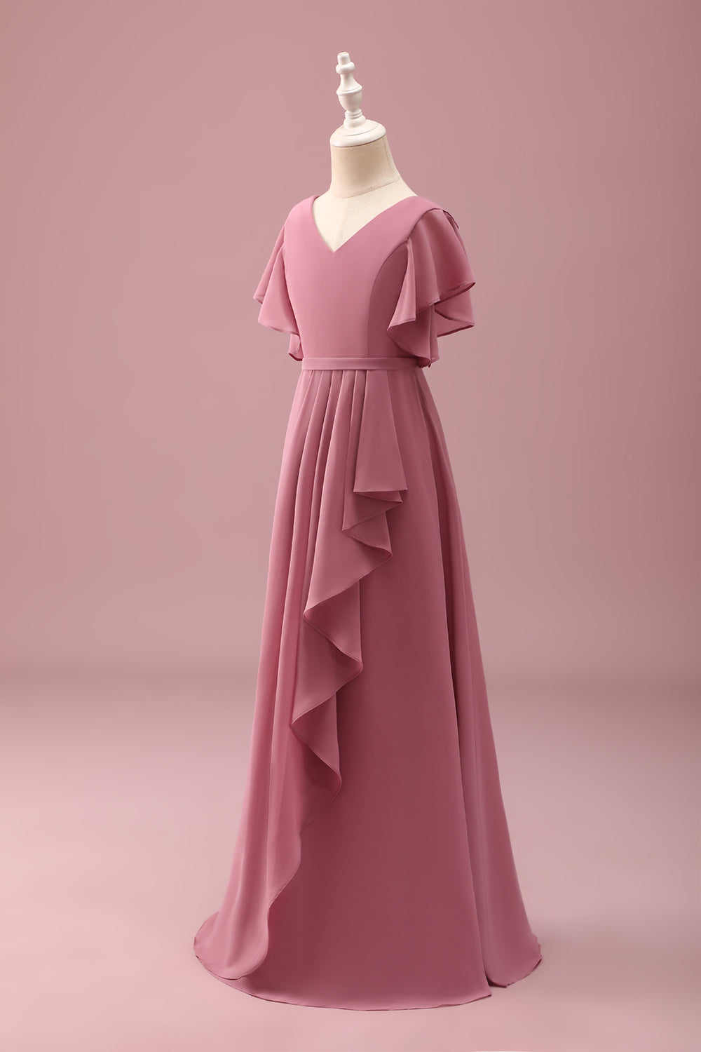 Desert Rose A-Line Chiffon Junior Bridesmaid Dress with Ruffles