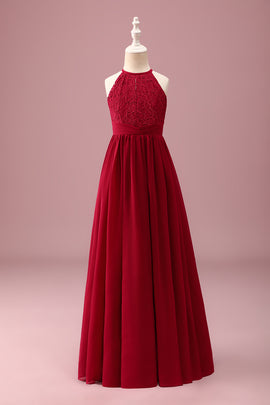 Burgundy Floral Halter A-Line Junior Bridesmaid Dress