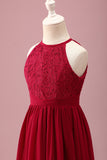 Burgundy Floral Halter A-Line Junior Bridesmaid Dress