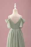 Sage Cold Shoulder A-Line Junior Bridesmaid Dress