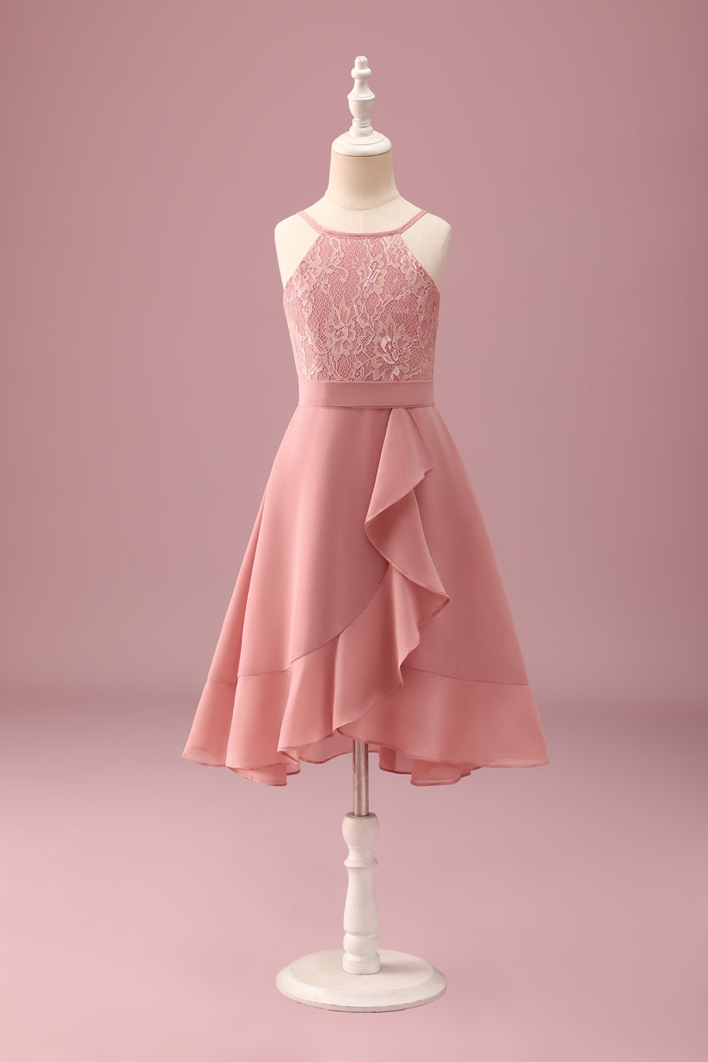 Blush Floral Halter Chiffon Junior Bridesmaid Dress with Ruffles