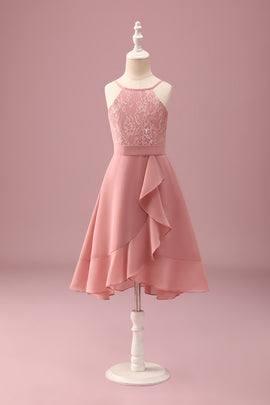 Blush Floral Halter Chiffon Junior Bridesmaid Dress with Ruffles