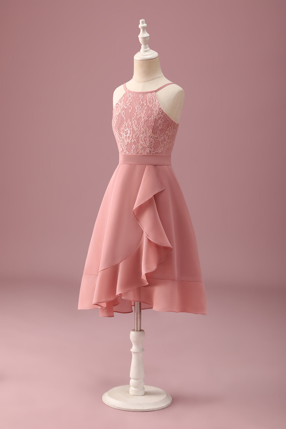 Blush Floral Halter Chiffon Junior Bridesmaid Dress with Ruffles