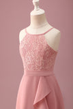 Blush Floral Halter Chiffon Junior Bridesmaid Dress with Ruffles