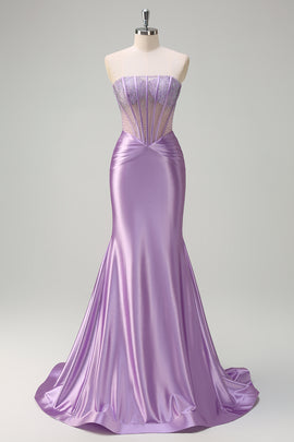 Lilac Mermaid Strapless Beaded Corset Long Prom Dress