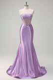 Lilac Mermaid Strapless Beaded Corset Long Prom Dress