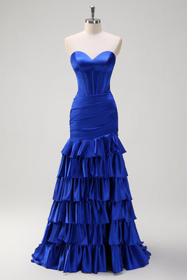 Royal Blue Sweetheart Tiered Satin Mermaid Long Prom Dress