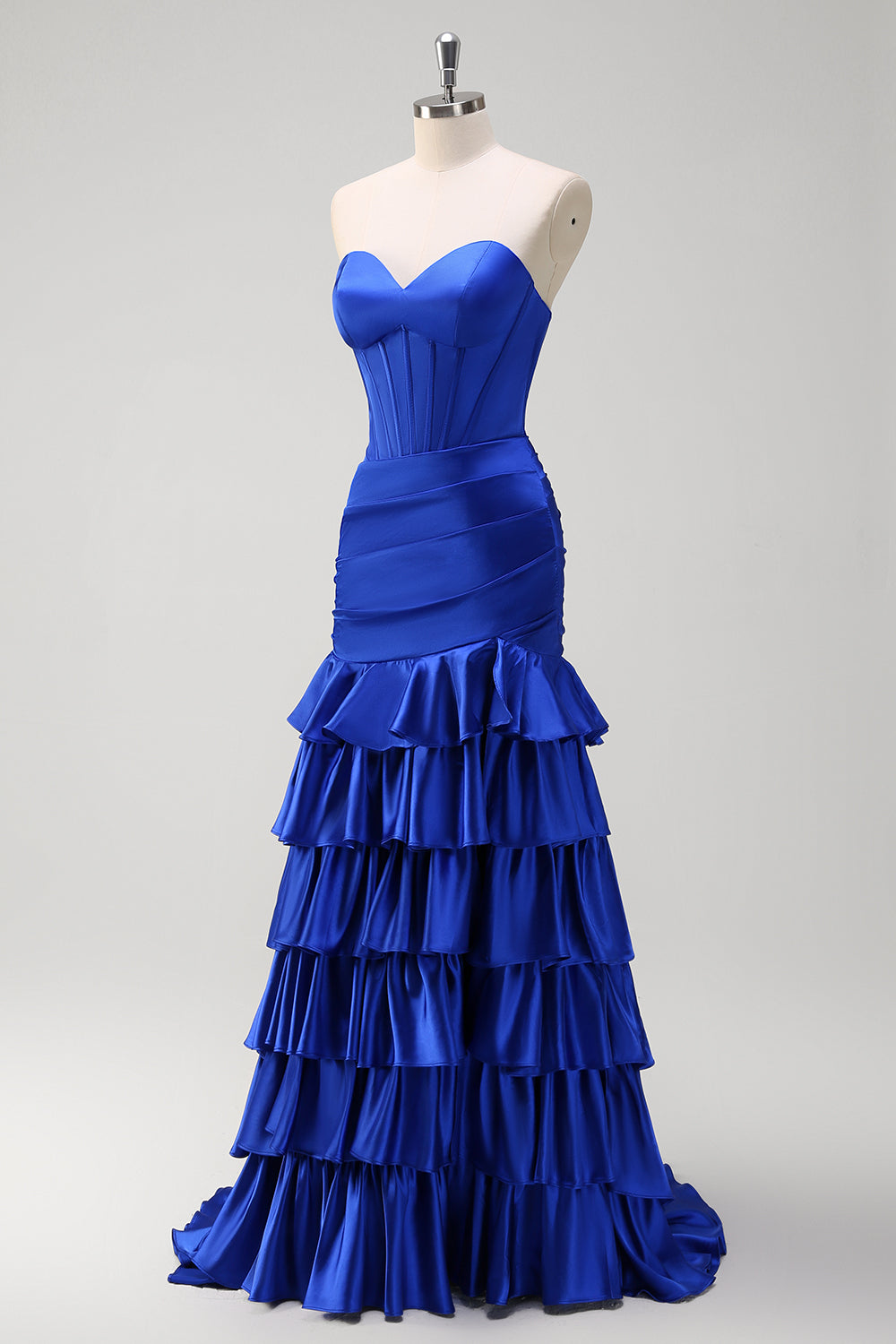 Royal Blue Sweetheart Tiered Satin Mermaid Long Prom Dress