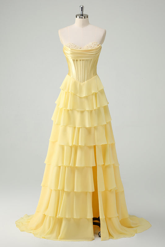 Yellow A-Line Tiered Sweetheart Long Prom Dress with Slit