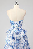 Blue White Flower A-Line Sweetheart Tiered Long Prom Dress with Slit