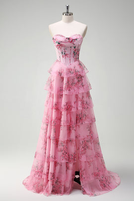 Blush Floral A-Line Tiered Sweetheart Long Prom Dress with Slit