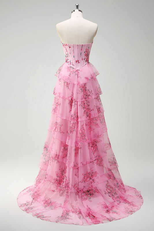 Blush Floral A-Line Tiered Sweetheart Long Prom Dress with Slit