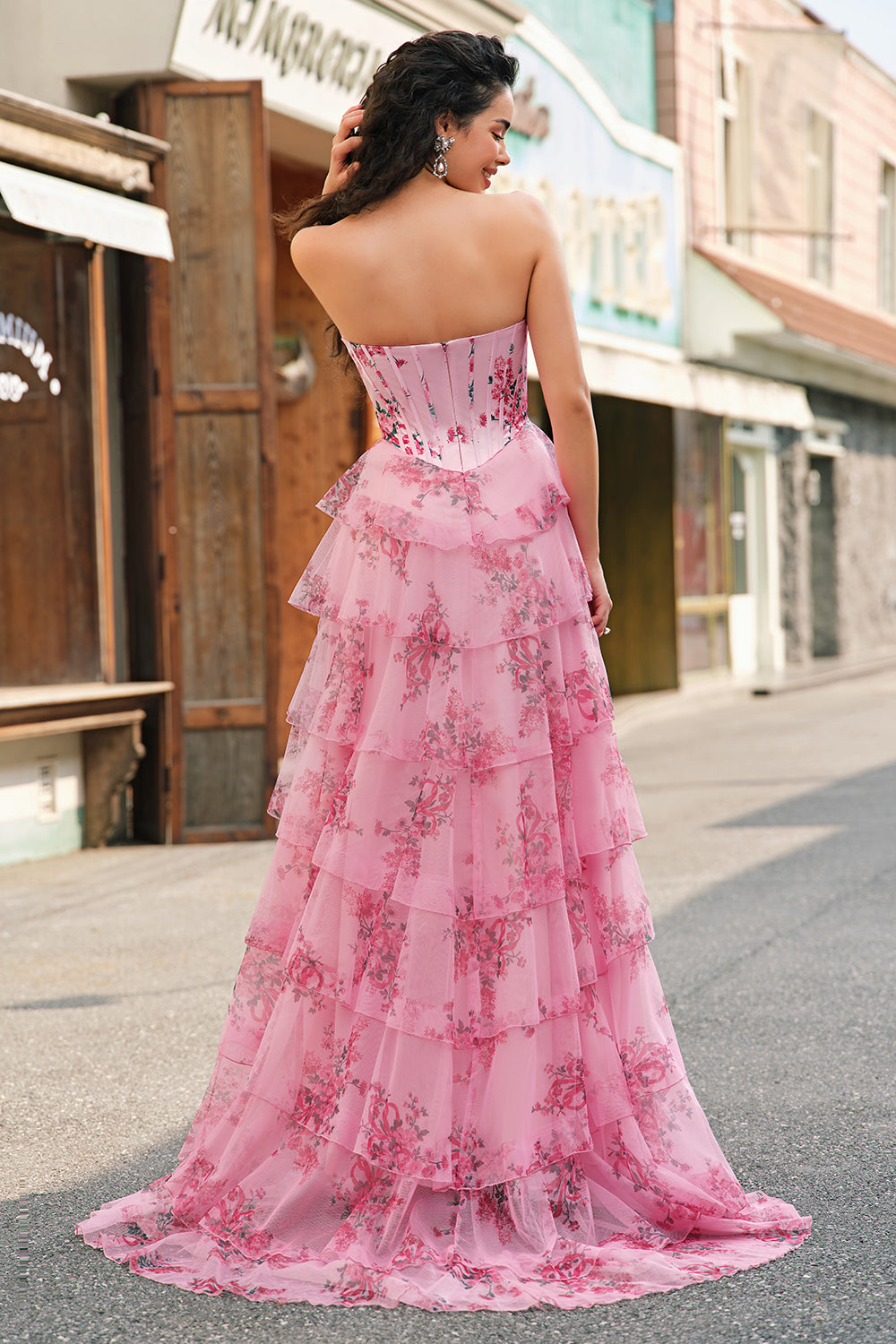 Blush Floral A-Line Tiered Sweetheart Long Prom Dress with Slit