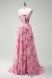 Blush Floral A-Line Tiered Sweetheart Long Prom Dress with Slit