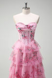 Blush Floral A-Line Tiered Sweetheart Long Prom Dress with Slit