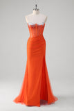 Sparkly Orange Mermaid Spaghetti Straps Long Prom Dress with Slit