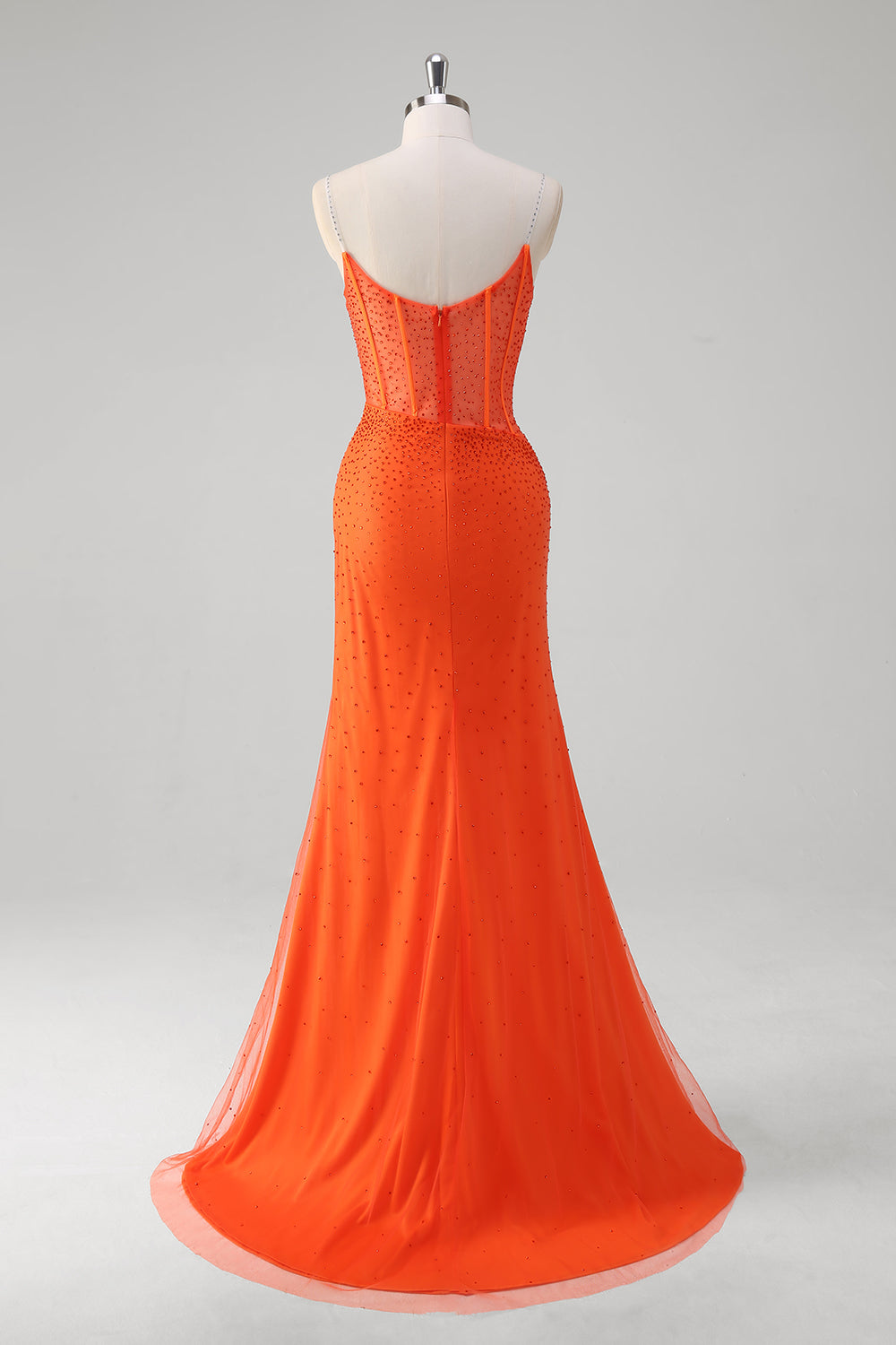 Sparkly Orange Mermaid Spaghetti Straps Long Prom Dress with Slit