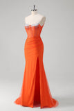 Sparkly Orange Mermaid Spaghetti Straps Long Prom Dress with Slit