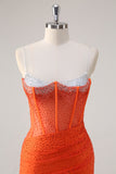 Sparkly Orange Mermaid Spaghetti Straps Long Prom Dress with Slit