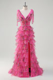 Fuchsia Floral Tiered A-Line Long Tulle Prom Dress with Slit