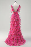 Fuchsia Floral Tiered A-Line Long Tulle Prom Dress with Slit