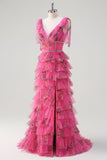 Fuchsia Floral Tiered A-Line Long Tulle Prom Dress with Slit