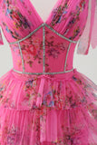 Fuchsia Floral Tiered A-Line Long Tulle Prom Dress with Slit